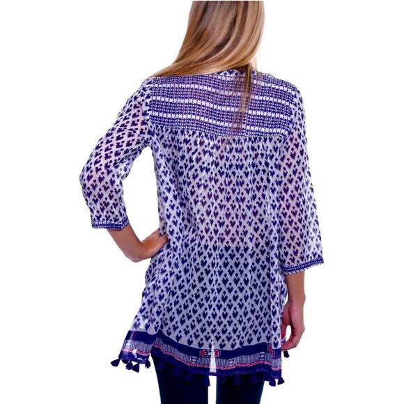 Roberta Roller Rabbit White Purple Sheer Serafina Pom Pom Tunic Top Tie Tassels - Picture 2 of 12